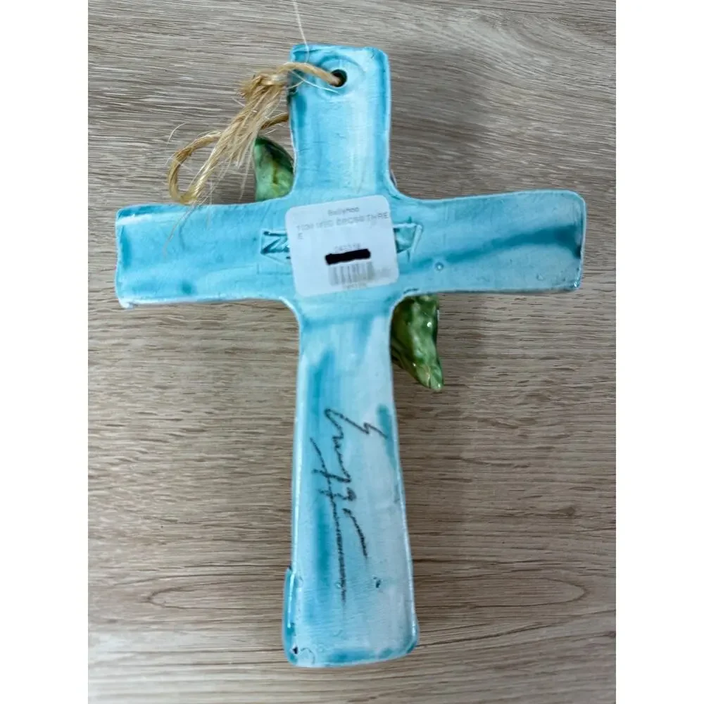 Ceramic Wall Cross, White Flower & Green Leaf, Ballyhoo Hanging Wall Art